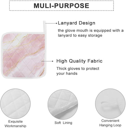 Pink Marble Gold Veins 2 Pack Heat Resistant Pot Holders with Hanging Loop, Washable Insulated Potholders for Kitchen Dining BBQ Table Protection
