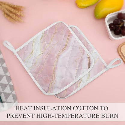 Pink Marble Gold Veins 2 Pack Heat Resistant Pot Holders with Hanging Loop, Washable Insulated Potholders for Kitchen Dining BBQ Table Protection