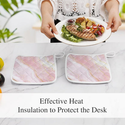 Pink Marble Gold Veins 2 Pack Heat Resistant Pot Holders with Hanging Loop, Washable Insulated Potholders for Kitchen Dining BBQ Table Protection