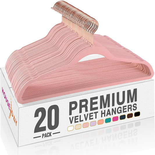 Pink Velvet Hangers 20 Pack, Premium Non-Slip Felt Clothes, Sturdy Heavy Duty Coat, Durable Hangers for Suits, Space Saving with No Hanger Mark, 360° Swivel Rotating Rose Gold Hook