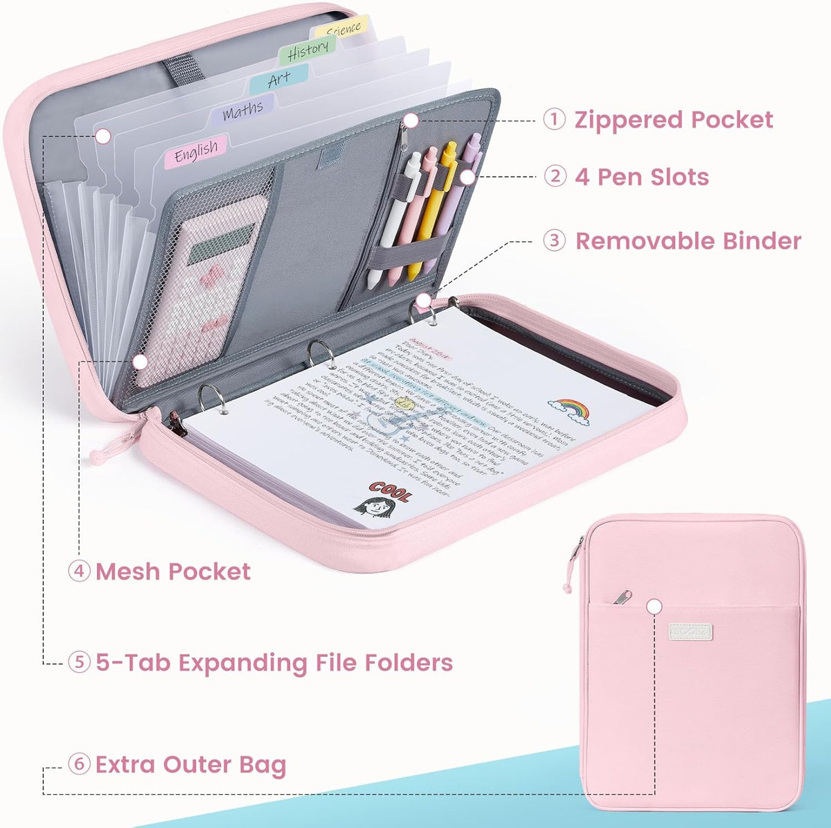 Zipper Binder Bag, 1 Inch Binders 3 Ring O-Ring, 5-Tab Divider Folder