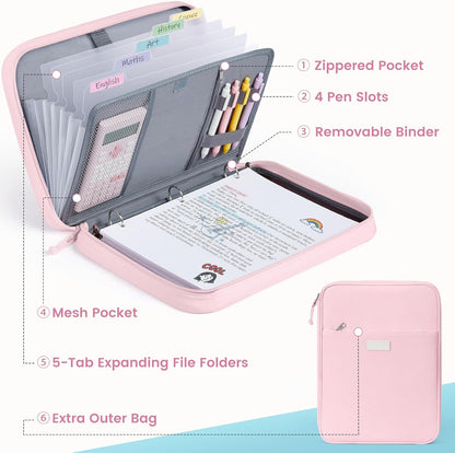 Zipper Binder Bag, 1 Inch Binders 3 Ring O-Ring, 5-Tab Divider Folder