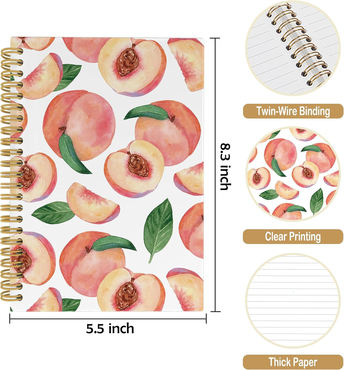 Summer Cute Peach Journal Notebook - Aesthetic Preppy Peach Notebooks College Ruled for Work School, Gifts for Girls, Office Supplies, Hardcover Spiral Notebook 5.5"x8.3"
