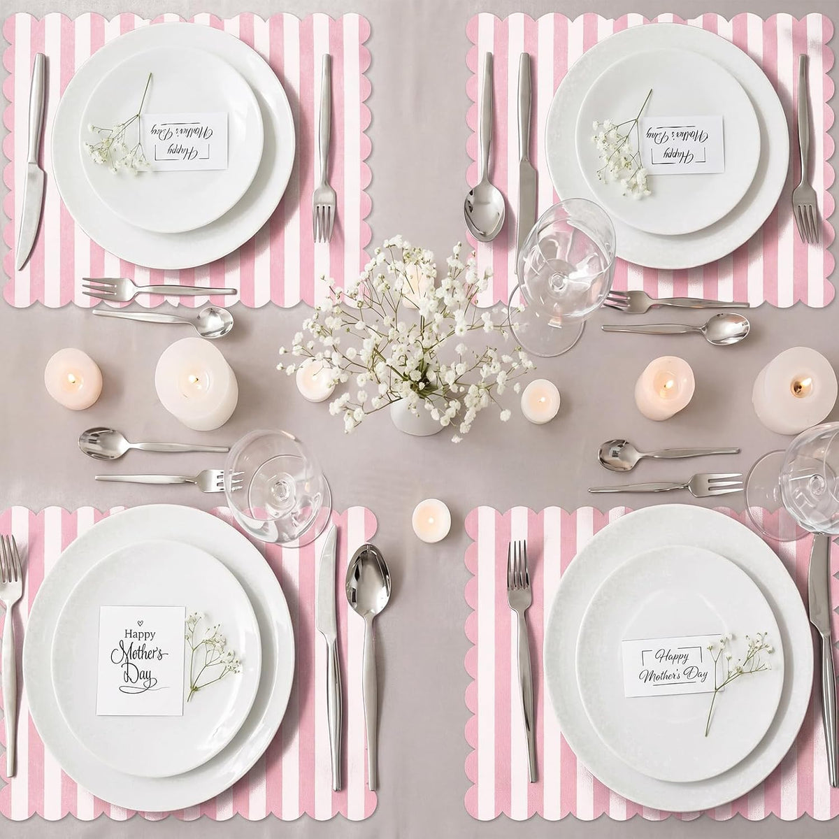 100 Pcs Pink Striped Paper Placemats Scalloped Disposable Placemat