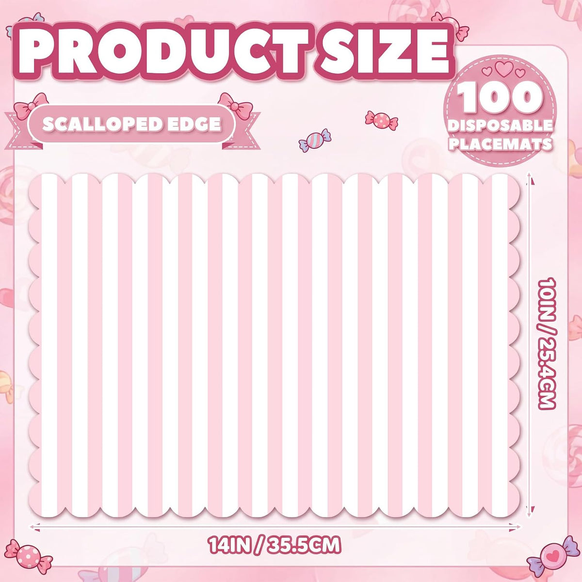 100 Pcs Pink Striped Paper Placemats Scalloped Disposable Placemat