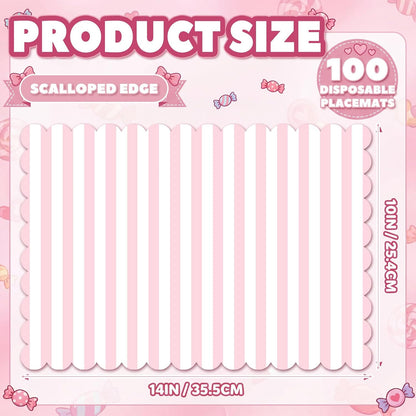 100 Pcs Pink Striped Paper Placemats Scalloped Disposable Placemat