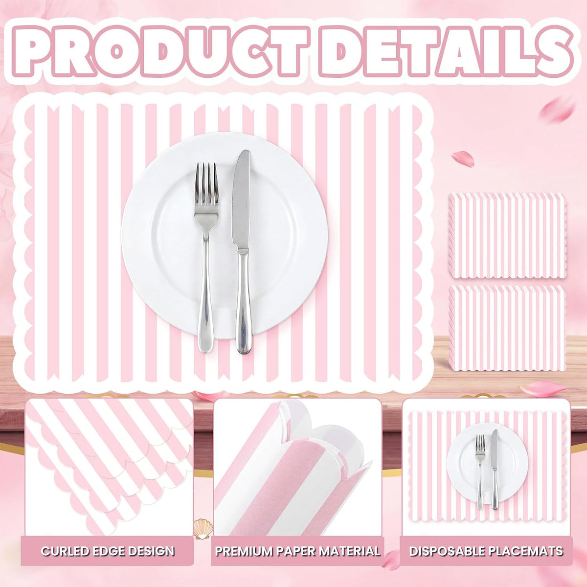 100 Pcs Pink Striped Paper Placemats Scalloped Disposable Placemat