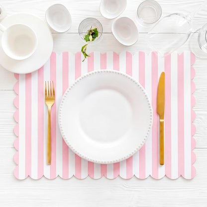 100 Pcs Pink Striped Paper Placemats Scalloped Disposable Placemat