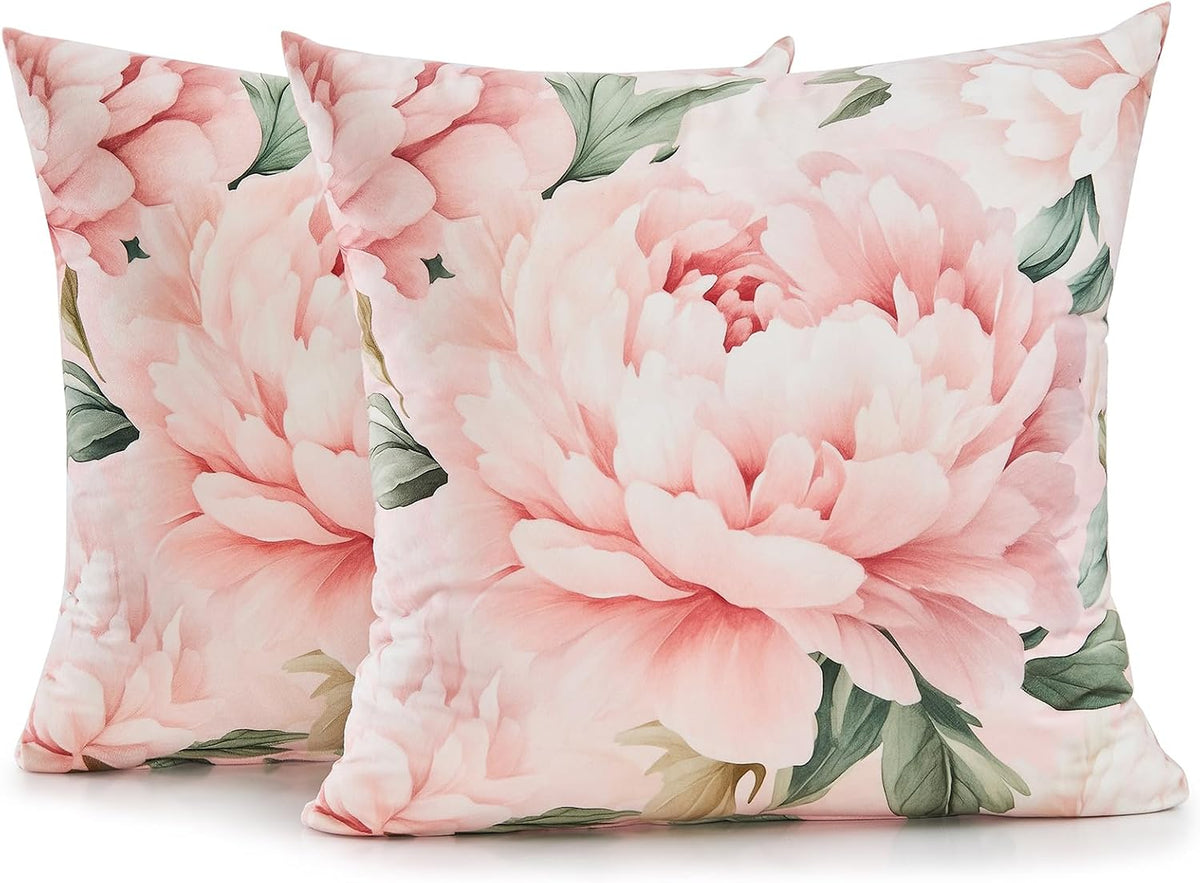 Pink Peony Velvet Pillow Covers 18x18 Set of 2, Shabby Chic