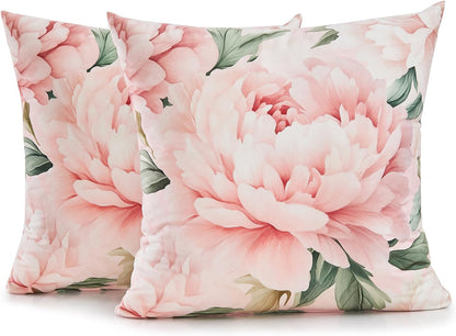 Pink Peony Velvet Pillow Covers 18x18 Set of 2, Shabby Chic