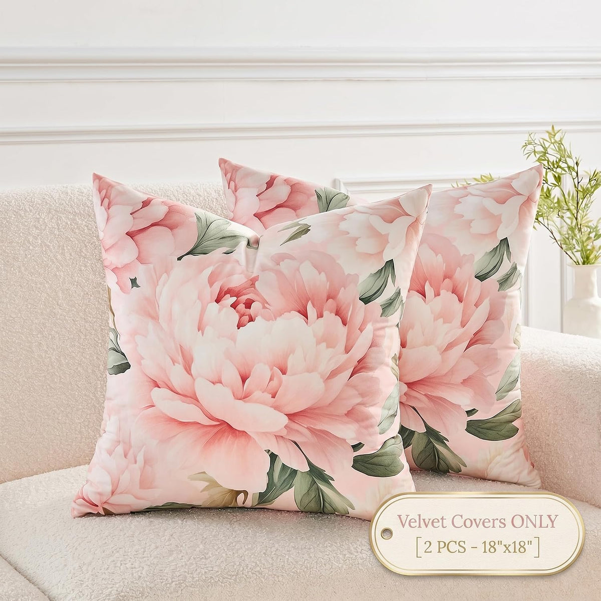 Pink Peony Velvet Pillow Covers 18x18 Set of 2, Shabby Chic