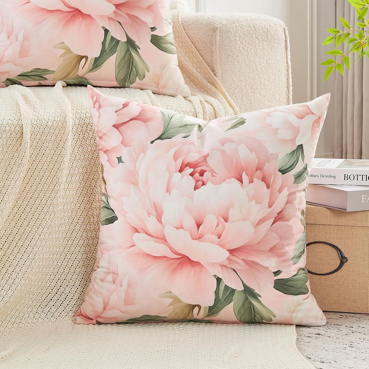 Pink Peony Velvet Pillow Covers 18x18 Set of 2, Shabby Chic
