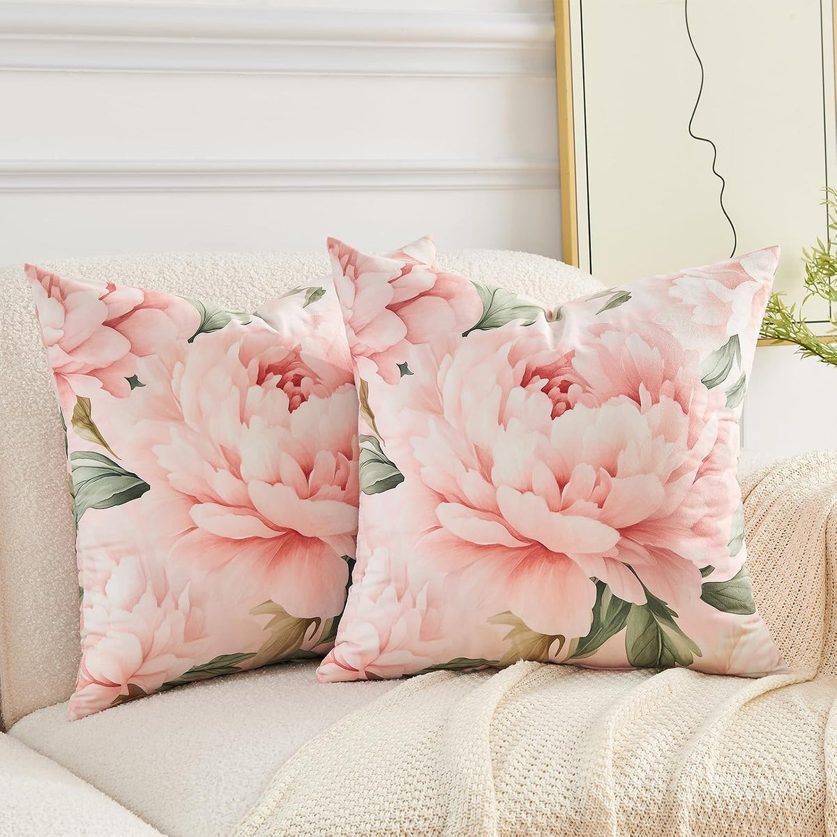 Pink Peony Velvet Pillow Covers 18x18 Set of 2, Shabby Chic