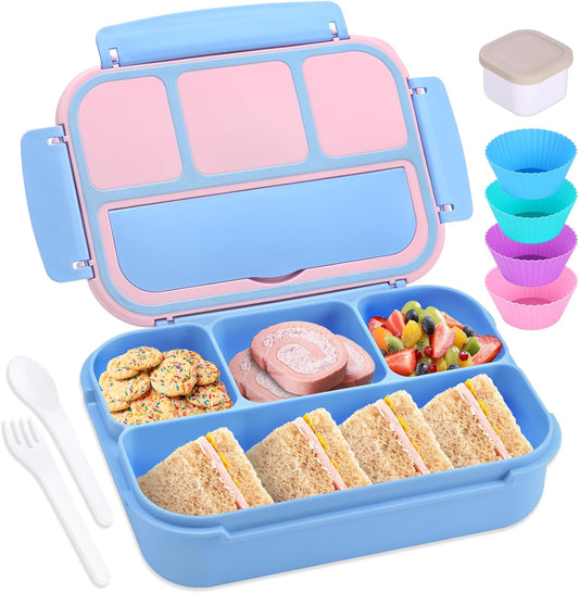 Bento Box Adult Lunch Box, Lunch Containers for Kids Girls Boys with 4 Compartments, Lunchable Food Container with Utensils, Sauce Jar, Muffin Liners, 40 Oz/5 Cup, Blue Pink