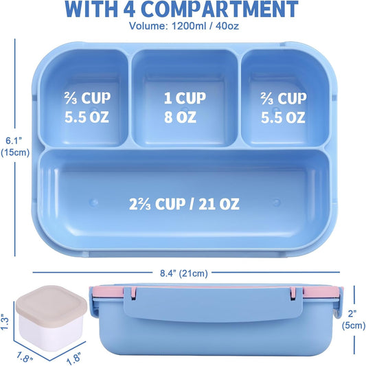 Bento Box Adult Lunch Box, Lunch Containers for Kids Girls Boys with 4 Compartments, Lunchable Food Container with Utensils, Sauce Jar, Muffin Liners, 40 Oz/5 Cup, Blue Pink