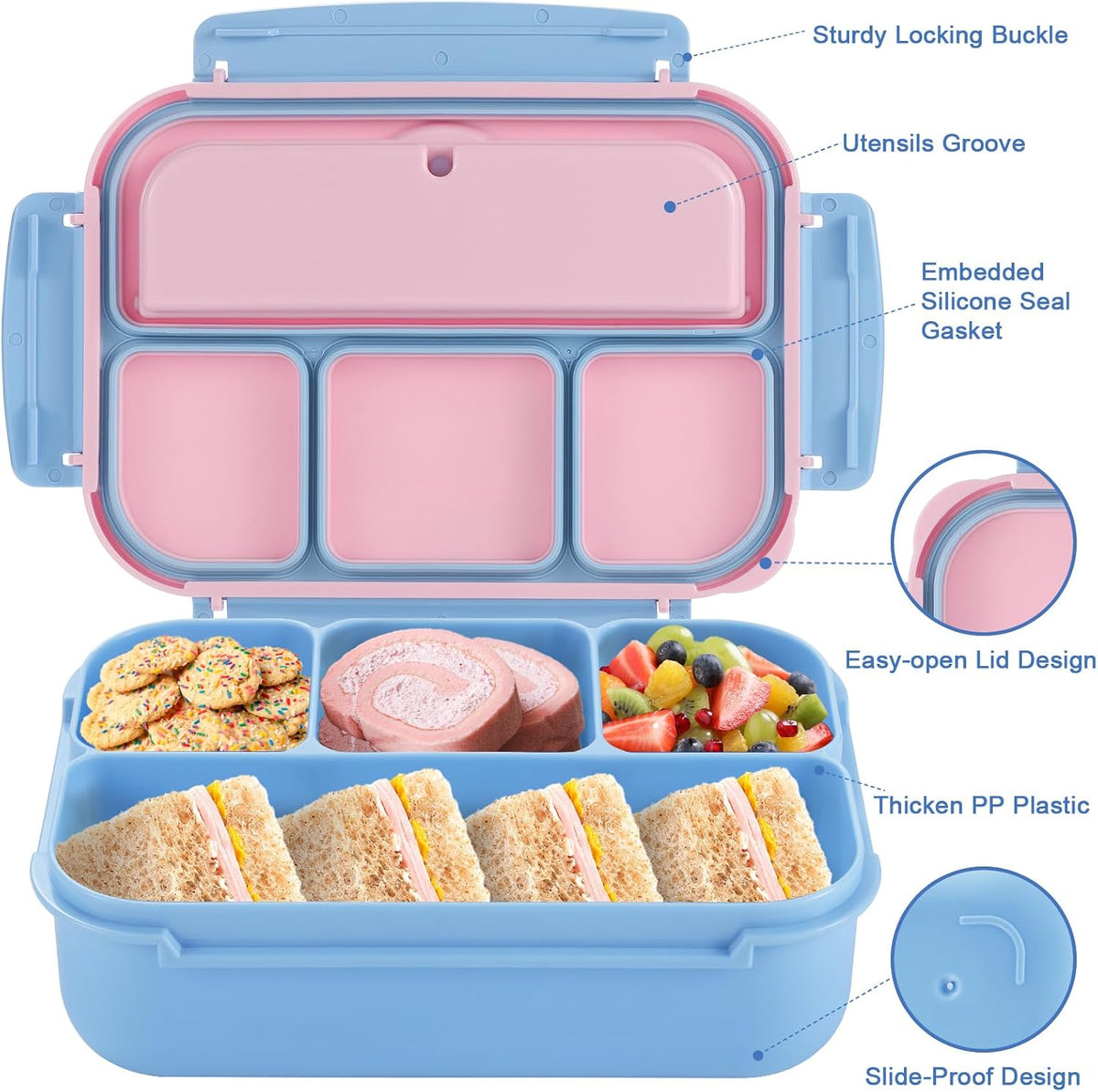 Bento Box Adult Lunch Box, Lunch Containers for Kids Girls Boys with 4 Compartments, Lunchable Food Container with Utensils, Sauce Jar, Muffin Liners, 40 Oz/5 Cup, Blue Pink