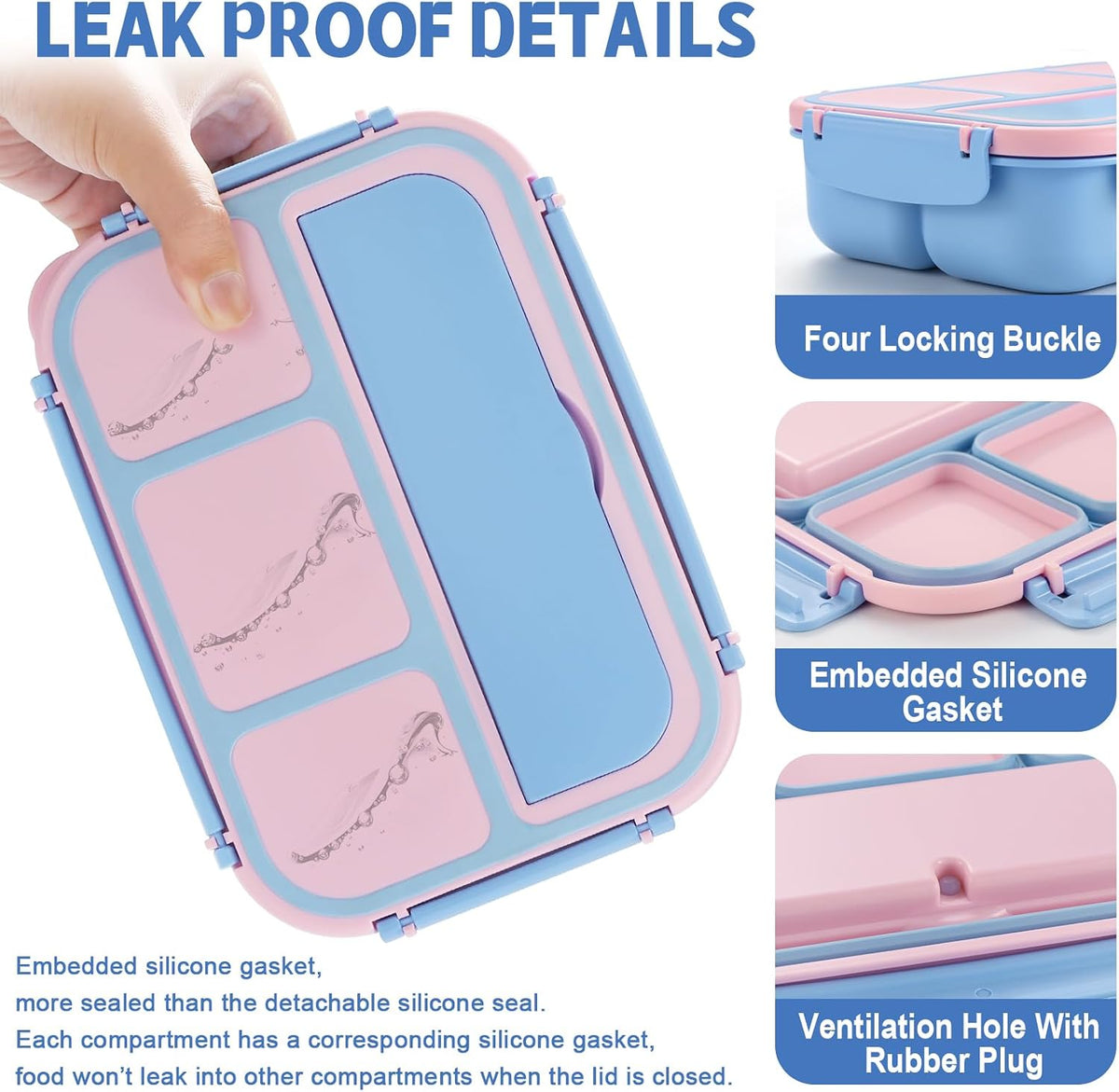 Bento Box Adult Lunch Box, Lunch Containers for Kids Girls Boys with 4 Compartments, Lunchable Food Container with Utensils, Sauce Jar, Muffin Liners, 40 Oz/5 Cup, Blue Pink