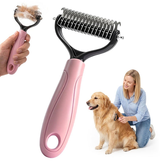 Double Sided Dematting Comb for Cats & Dogs, Professional Grooming Brush, Undercoat Rake with Ergonomic Grip, Safe Deshedding Tool for Long Thick Hair, Tangle Remover for Pets (Pink-L)