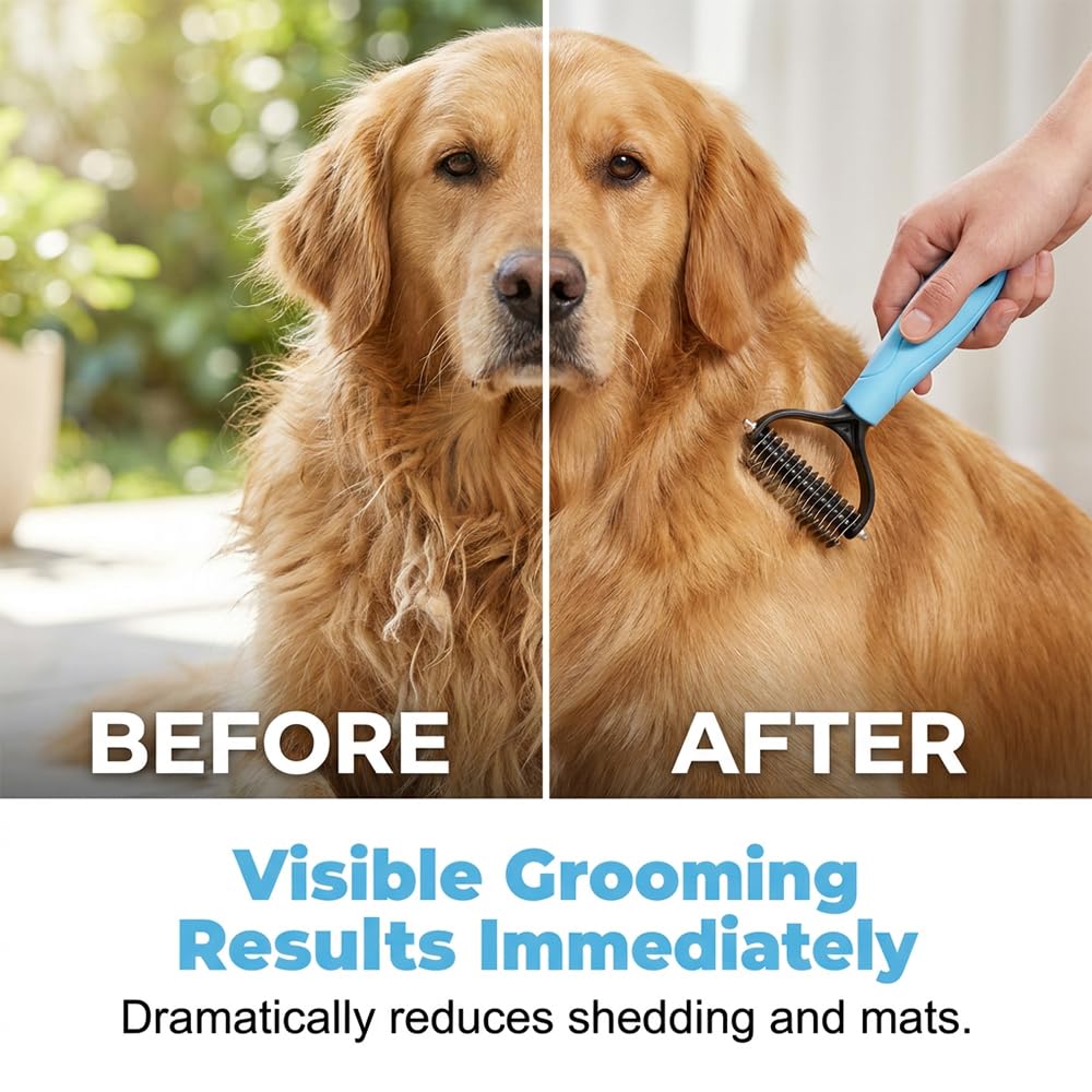Double Sided Dematting Comb for Cats & Dogs, Professional Grooming Brush, Undercoat Rake with Ergonomic Grip, Safe Deshedding Tool for Long Thick Hair, Tangle Remover for Pets (Pink-L)