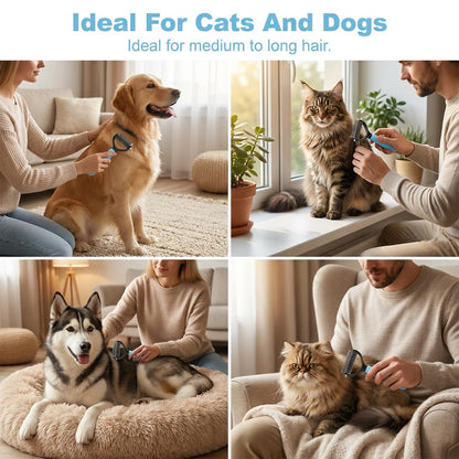 Double Sided Dematting Comb for Cats & Dogs, Professional Grooming Brush, Undercoat Rake with Ergonomic Grip, Safe Deshedding Tool for Long Thick Hair, Tangle Remover for Pets (Pink-L)