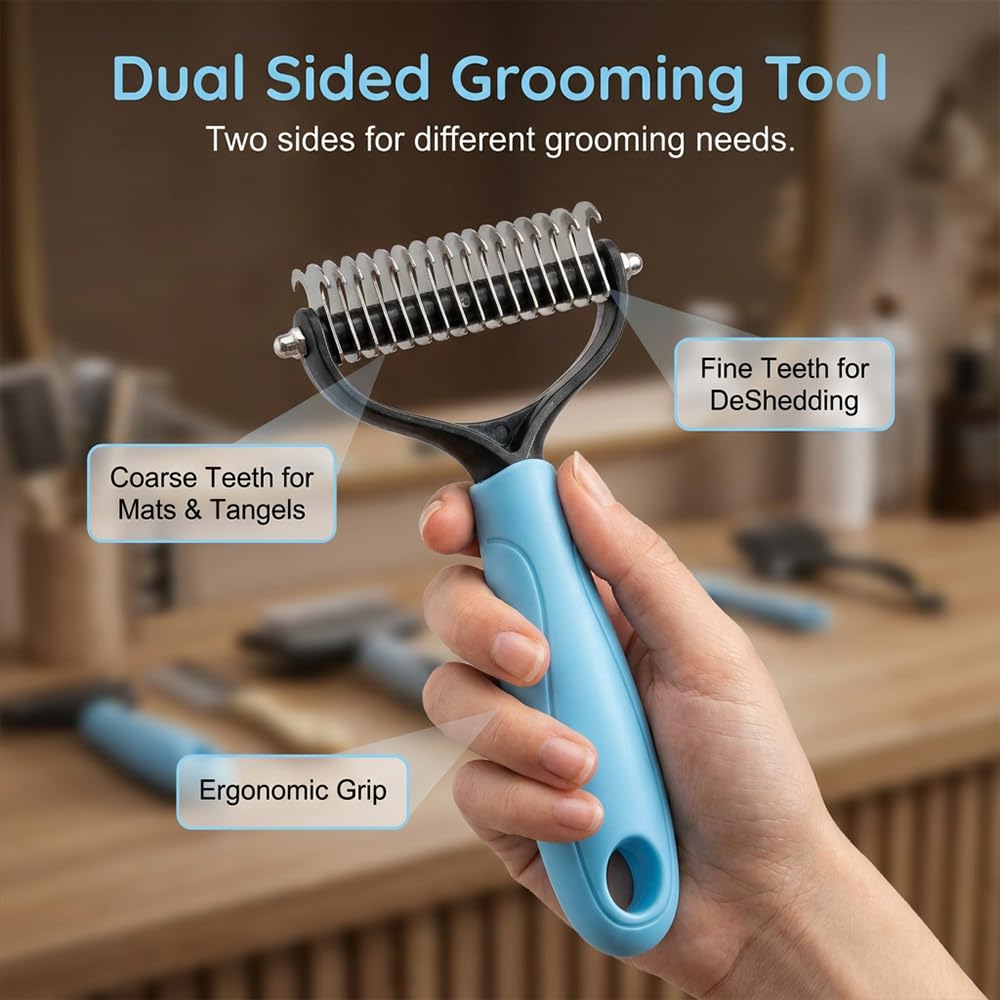 Double Sided Dematting Comb for Cats & Dogs, Professional Grooming Brush, Undercoat Rake with Ergonomic Grip, Safe Deshedding Tool for Long Thick Hair, Tangle Remover for Pets (Pink-L)