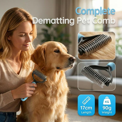 Double Sided Dematting Comb for Cats & Dogs, Professional Grooming Brush, Undercoat Rake with Ergonomic Grip, Safe Deshedding Tool for Long Thick Hair, Tangle Remover for Pets (Pink-L)