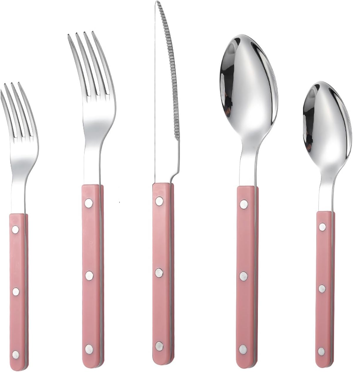 5-piece stainless steel tableware set includes a steak knife, fork and spoon. It is suitable for family dining room gatherings and can be washed in a dishwasher (5, pink)