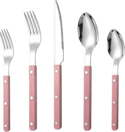 5-piece stainless steel tableware set includes a steak knife, fork and spoon. It is suitable for family dining room gatherings and can be washed in a dishwasher (5, pink)