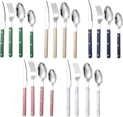 5-piece stainless steel tableware set includes a steak knife, fork and spoon. It is suitable for family dining room gatherings and can be washed in a dishwasher (5, pink)