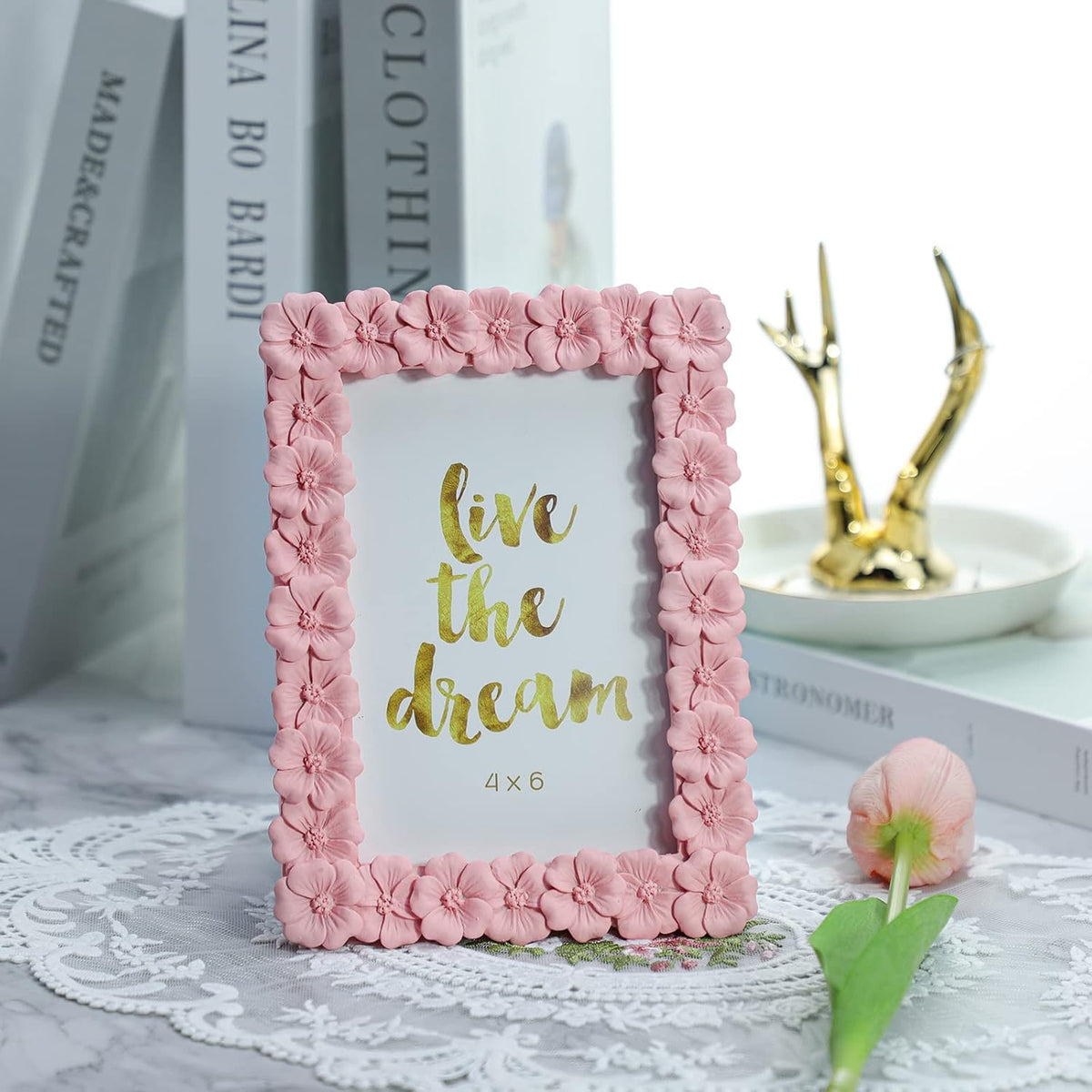 4 X 6 Inches Beautiful Pink Flower Shape Resin Card Photo Frame Picture Frame for Desktop Table Top Display