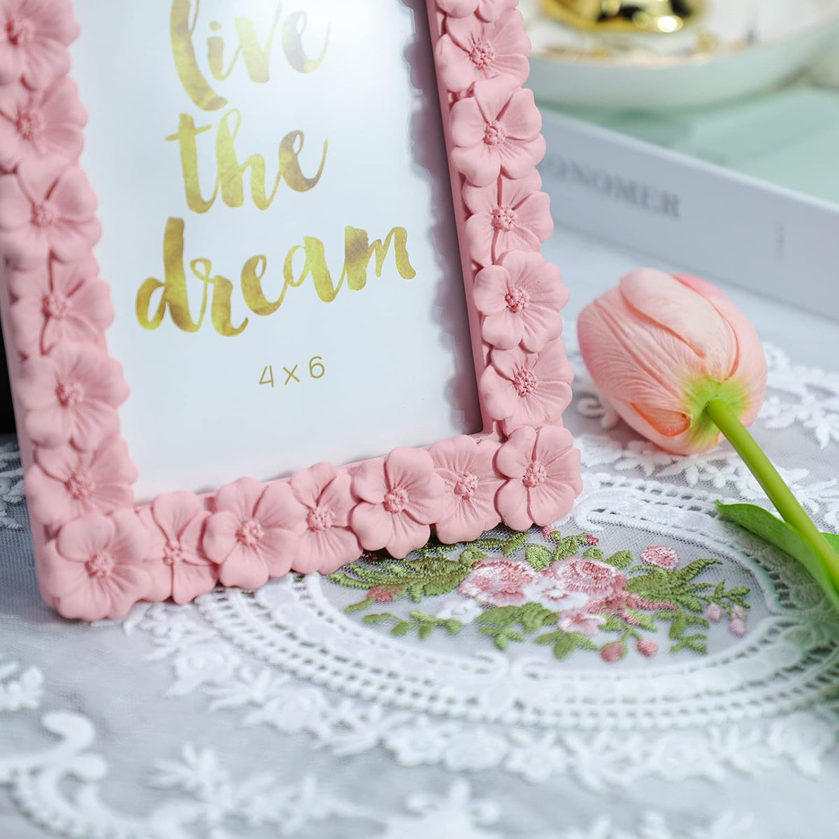 4 X 6 Inches Beautiful Pink Flower Shape Resin Card Photo Frame Picture Frame for Desktop Table Top Display