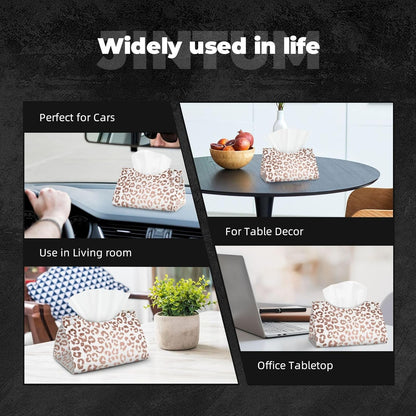 Stylish Hand Drawn Rose Gold Leopard Print Tissue Box Cover Rectangle PU Leather Facial Case Paper Holder Organizer for Decor Bathroom Vanity Countertop Bedroom Dresser Night Stand Desk Car Office