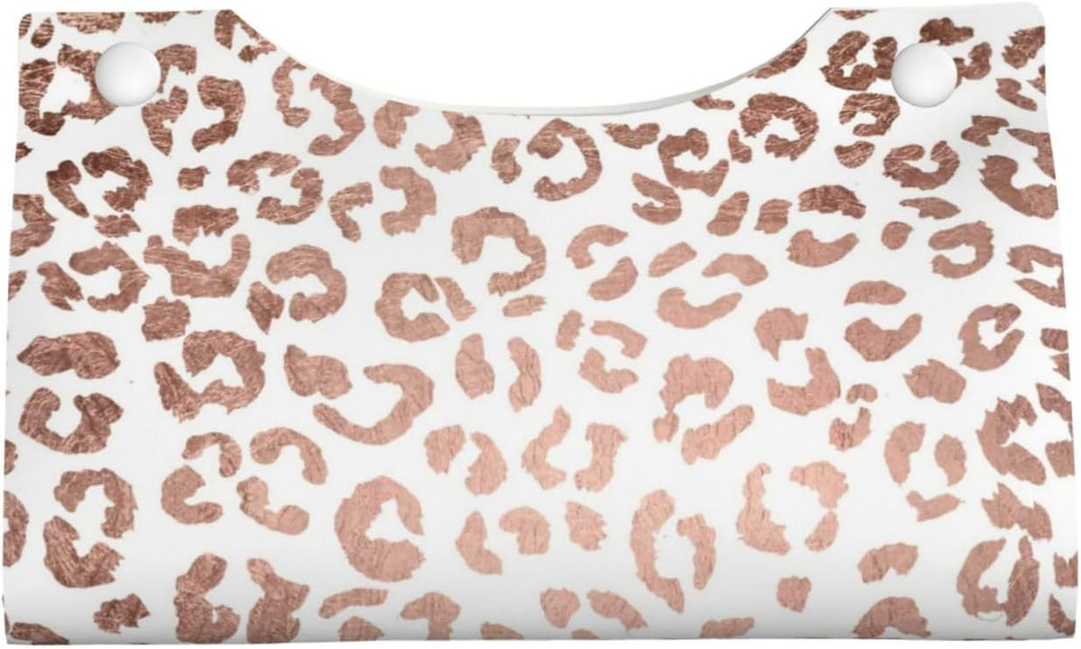 Stylish Hand Drawn Rose Gold Leopard Print Tissue Box Cover Rectangle PU Leather Facial Case Paper Holder Organizer for Decor Bathroom Vanity Countertop Bedroom Dresser Night Stand Desk Car Office