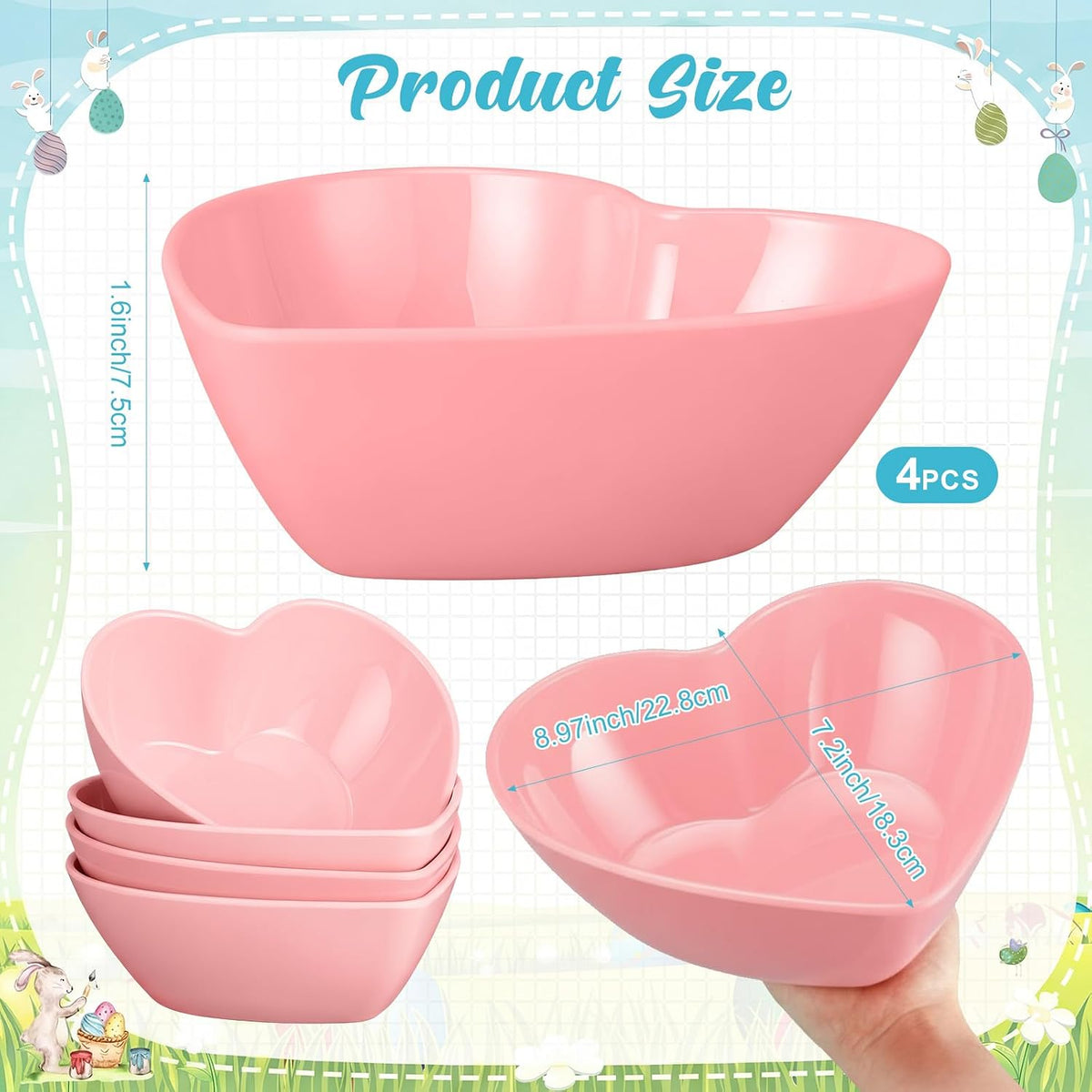 Pink 4 Pcs Large Heart Shaped Bowls, 8.9 Inch Plastic Heart Serving Bowls for Fruit, Sauce, Snacks, Candy, Dessert, Salad,Wedding Party Table Decor