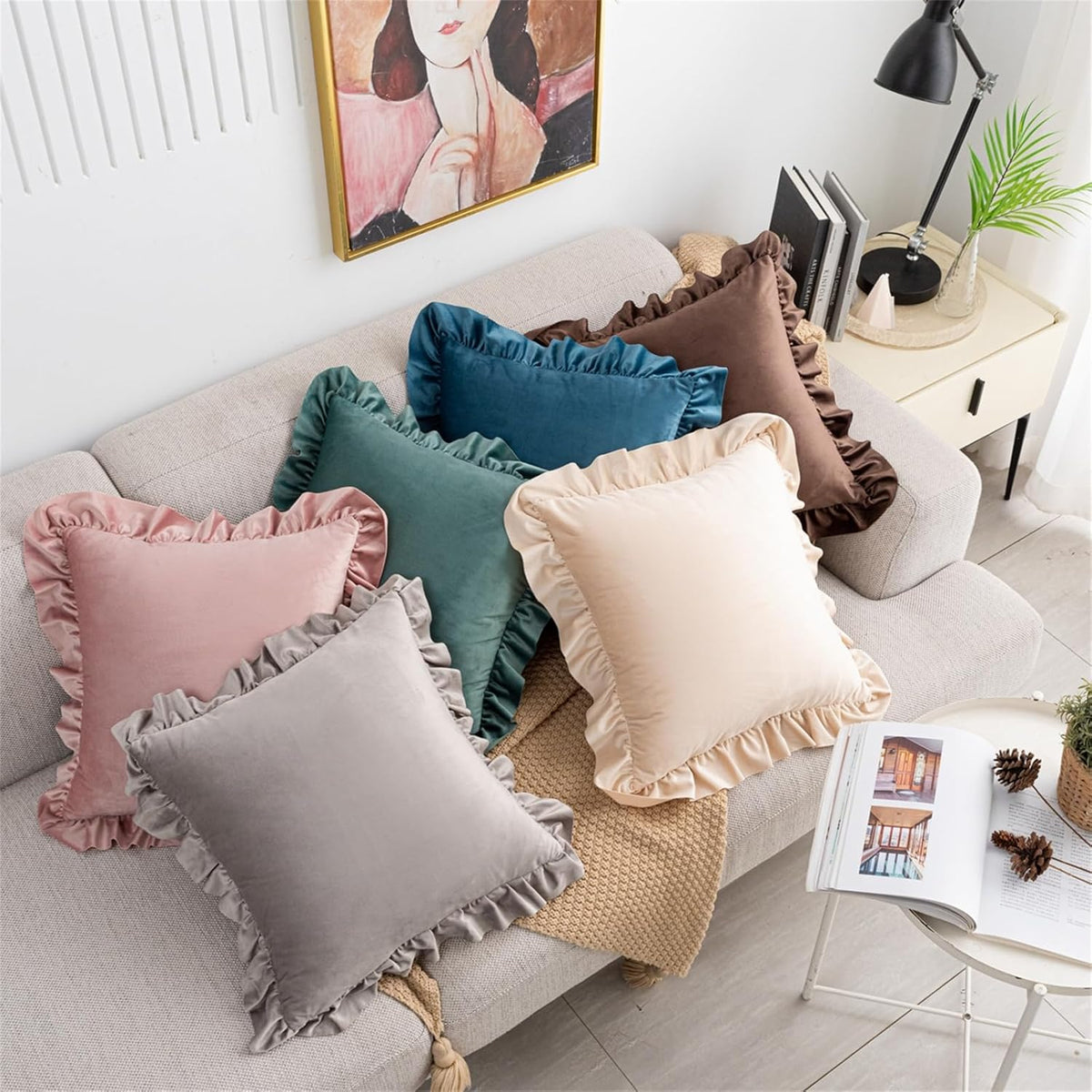 Velvet Ruffled Throw Pillow Covers 18x18 Inch Set of 2, Soft Decorative Square Pillowcases with Ruffles Cushion Pillow Covers for Couch Sofa Bed Living Room Farmhouse, Light Pink