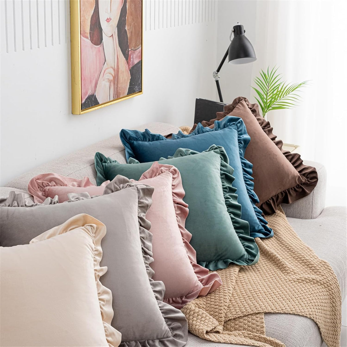 Velvet Ruffled Throw Pillow Covers 18x18 Inch Set of 2, Soft Decorative Square Pillowcases with Ruffles Cushion Pillow Covers for Couch Sofa Bed Living Room Farmhouse, Light Pink