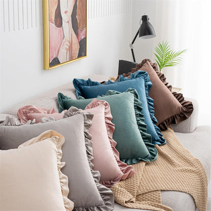 Velvet Ruffled Throw Pillow Covers 18x18 Inch Set of 2, Soft Decorative Square Pillowcases with Ruffles Cushion Pillow Covers for Couch Sofa Bed Living Room Farmhouse, Light Pink