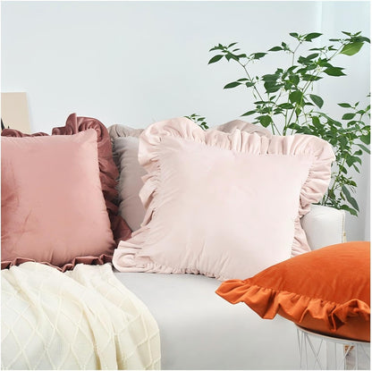 Velvet Ruffled Throw Pillow Covers 18x18 Inch Set of 2, Soft Decorative Square Pillowcases with Ruffles Cushion Pillow Covers for Couch Sofa Bed Living Room Farmhouse, Light Pink