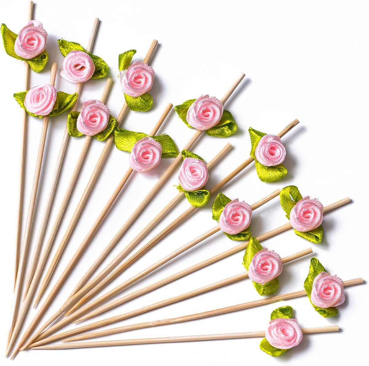 Pink Rose Cocktail Picks 4.7 Inch 100pcs Appetizers Bamboo Skewers