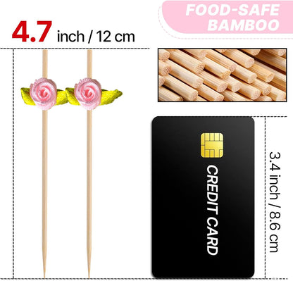 Pink Rose Cocktail Picks 4.7 Inch 100pcs Appetizers Bamboo Skewers