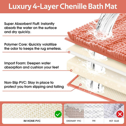 Striped Coral Bathroom Rug Mat 32"x20" Ultra Soft, Non Slip Chenille Bath Rugs, Absorbent Plush Shaggy Bath Mats for Bathroom, Bedroom, Kitchen, Shower, Tub