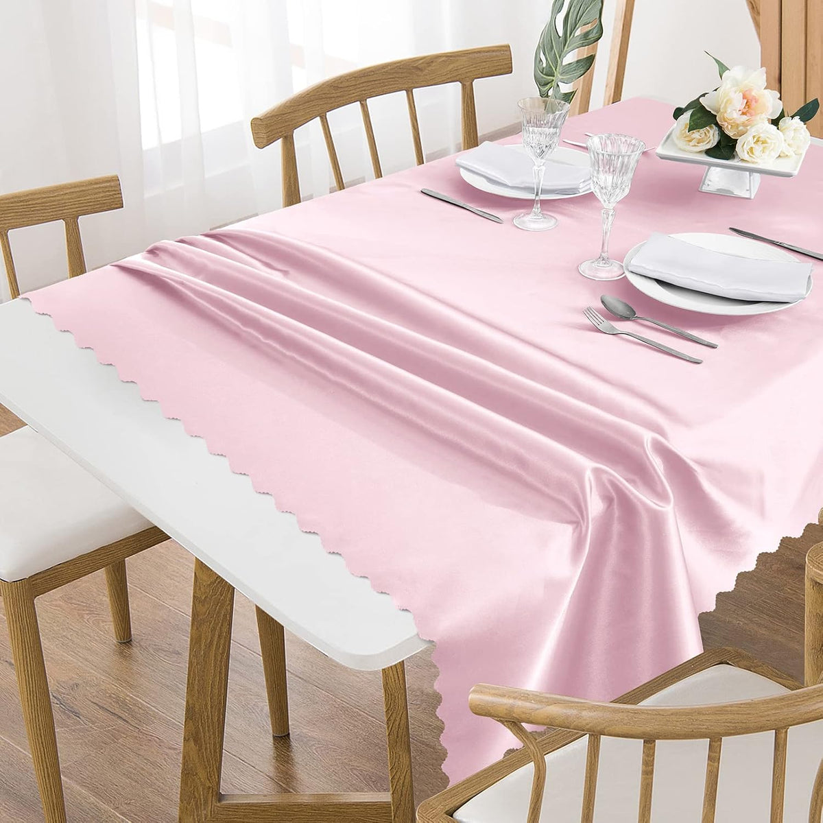 Pink Satin Tablecloth 60 x 120 Inch Scalloped, 1 Pack