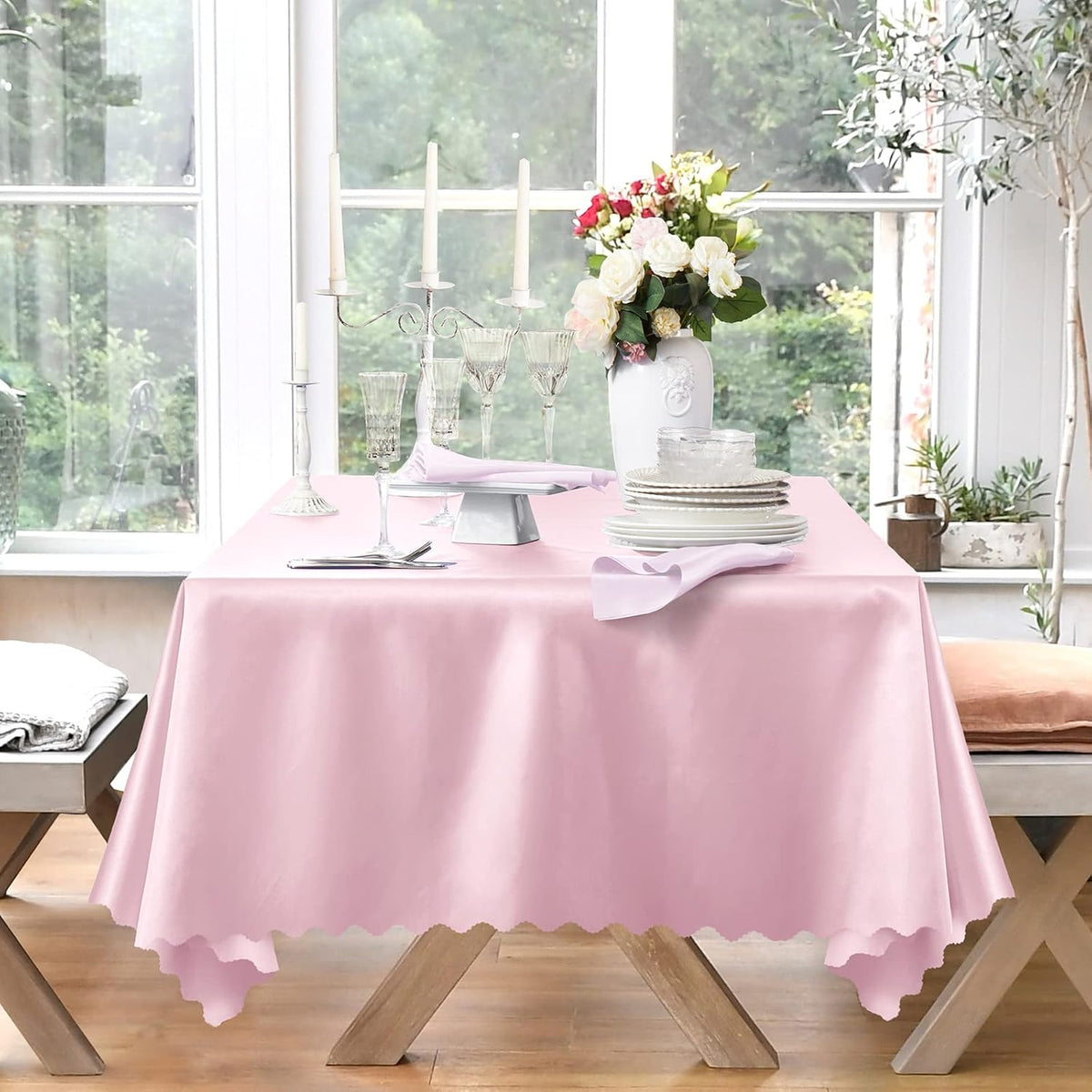 Pink Satin Tablecloth 60 x 120 Inch Scalloped, 1 Pack