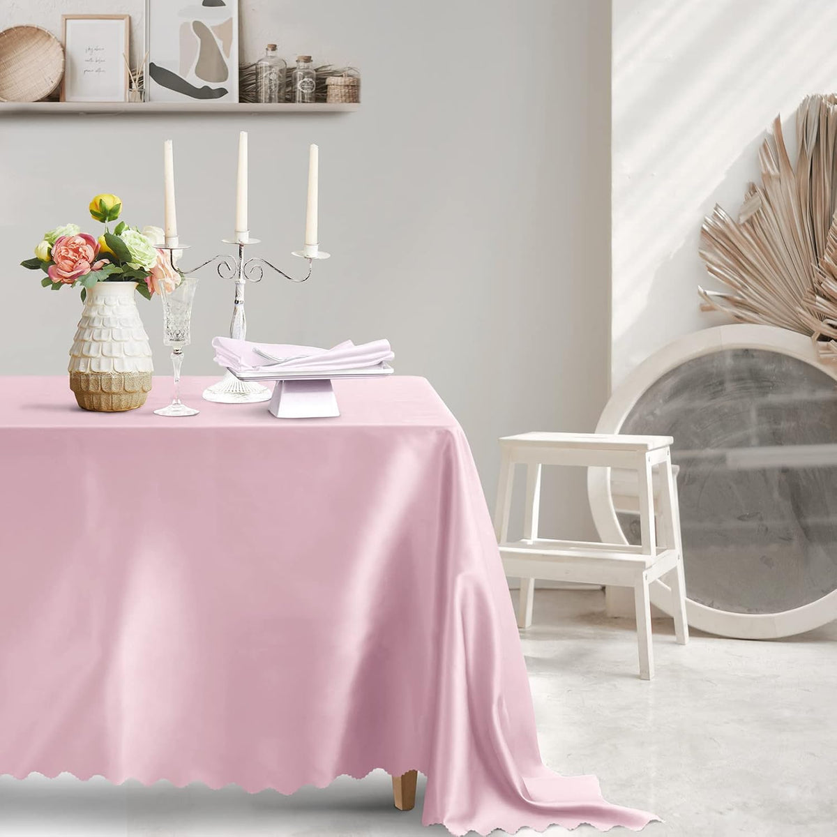 Pink Satin Tablecloth 60 x 120 Inch Scalloped, 1 Pack