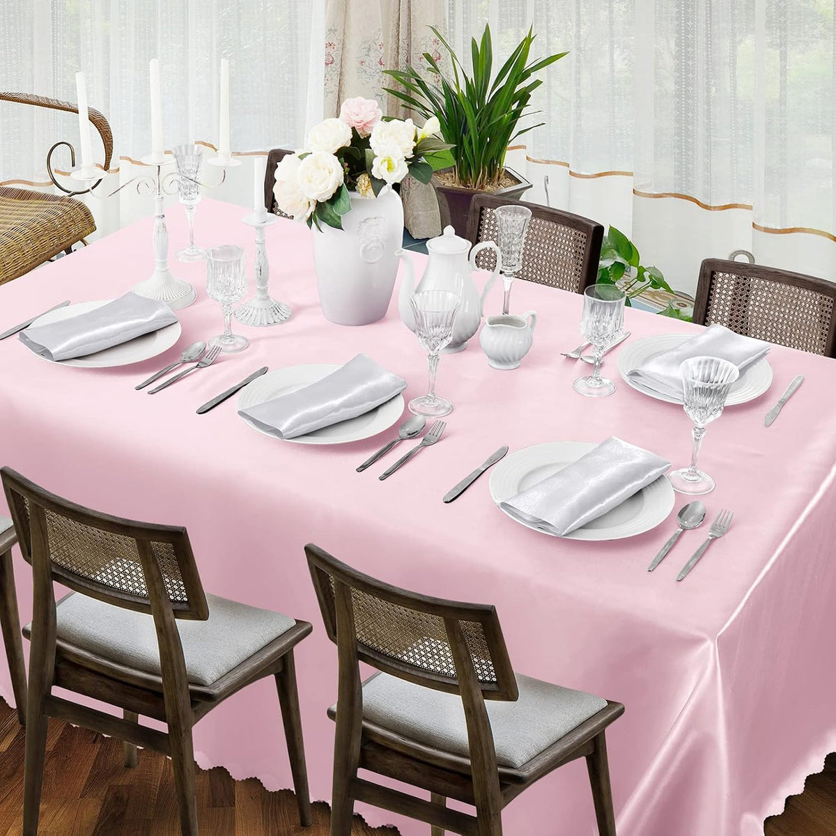 Pink Satin Tablecloth 60 x 120 Inch Scalloped, 1 Pack