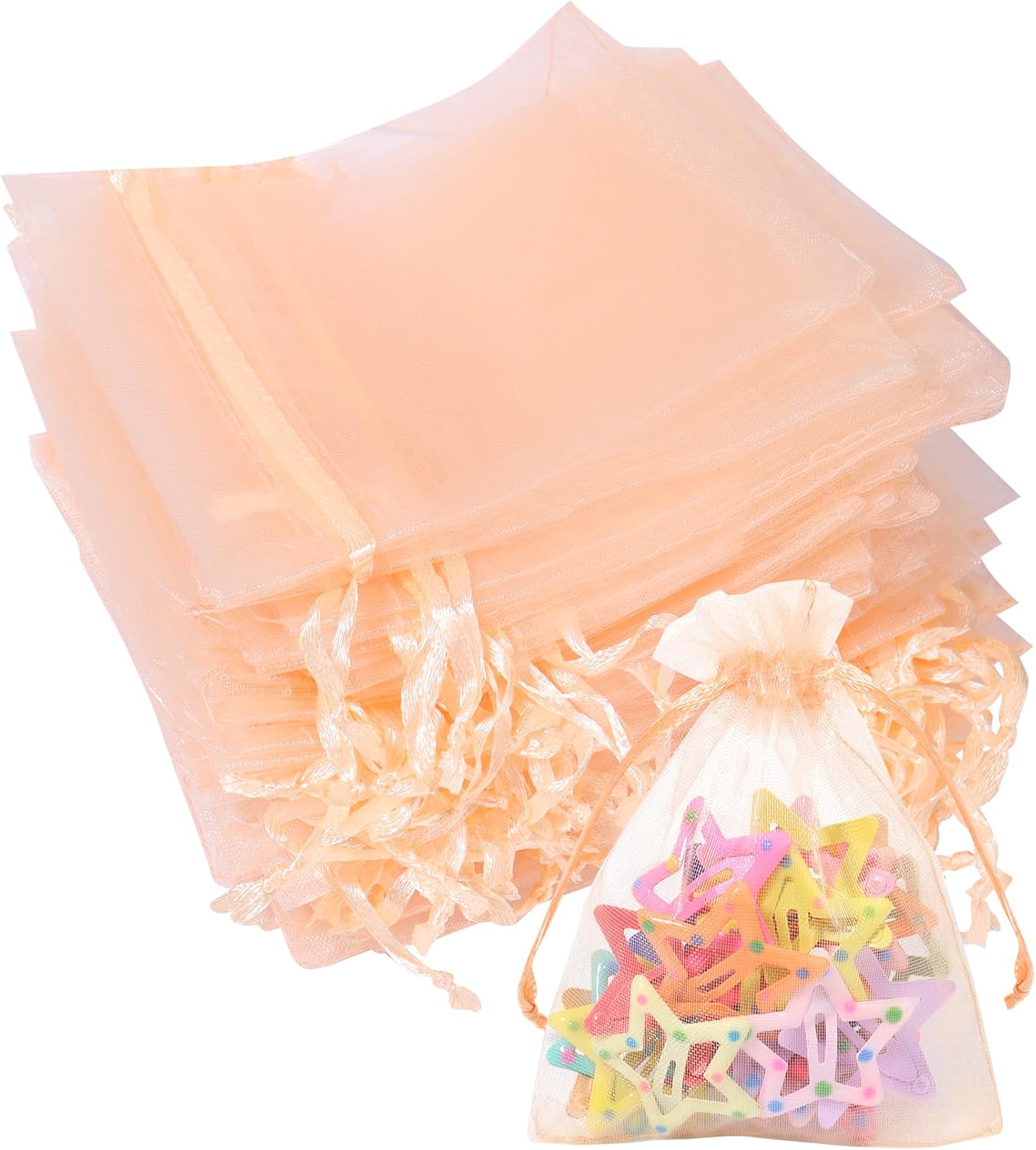 100Pcs Organza Bags 3x4 Inch Small Jewelry Mesh sachet Bags Drawstring for Wedding Candy Organza Gift Bags(Peach)