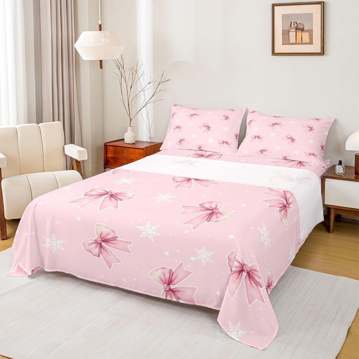 Girly Coquette Bowknots 3pc Bedding Set French Style Dots Deep Pocket Bed Cover for Kids Boys Girls Princess Style Sheet Set(Full Flat & Fitted Sheet with 2 Pillow Cases),Peach Pink