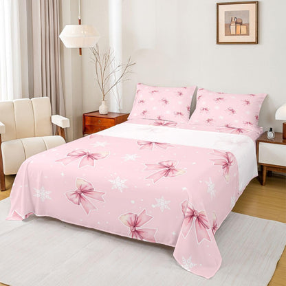 Girly Coquette Bowknots 3pc Bedding Set French Style Dots Deep Pocket Bed Cover for Kids Boys Girls Princess Style Sheet Set(Full Flat & Fitted Sheet with 2 Pillow Cases),Peach Pink