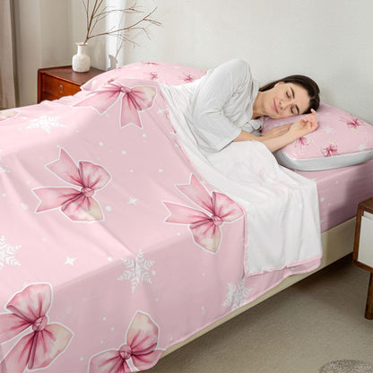 Girly Coquette Bowknots 3pc Bedding Set French Style Dots Deep Pocket Bed Cover for Kids Boys Girls Princess Style Sheet Set(Full Flat & Fitted Sheet with 2 Pillow Cases),Peach Pink