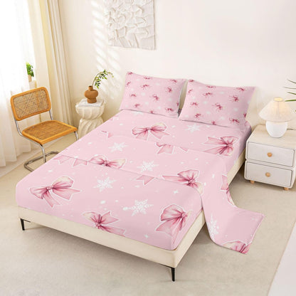 Girly Coquette Bowknots 3pc Bedding Set French Style Dots Deep Pocket Bed Cover for Kids Boys Girls Princess Style Sheet Set(Full Flat & Fitted Sheet with 2 Pillow Cases),Peach Pink